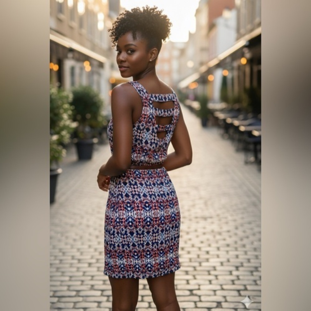 ✨NEW Elegant Multicolor Patterned back keyhole Dress brown belt